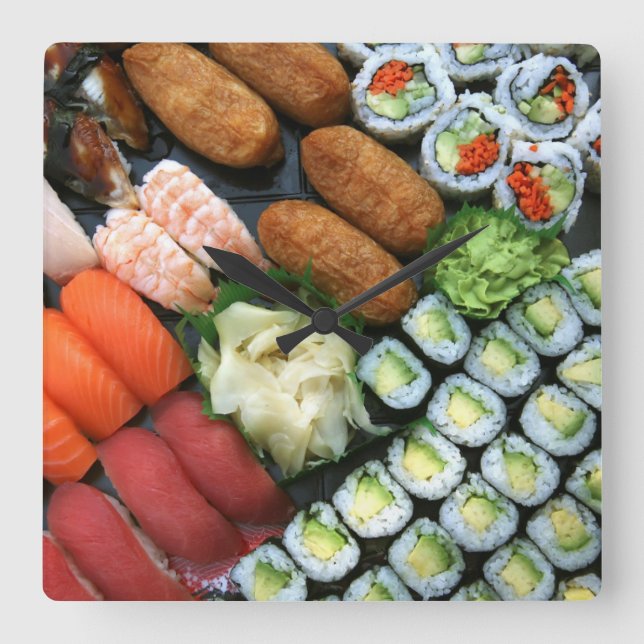 Horloge Carrée Assortiment de sushis japonais favoris (Recto)