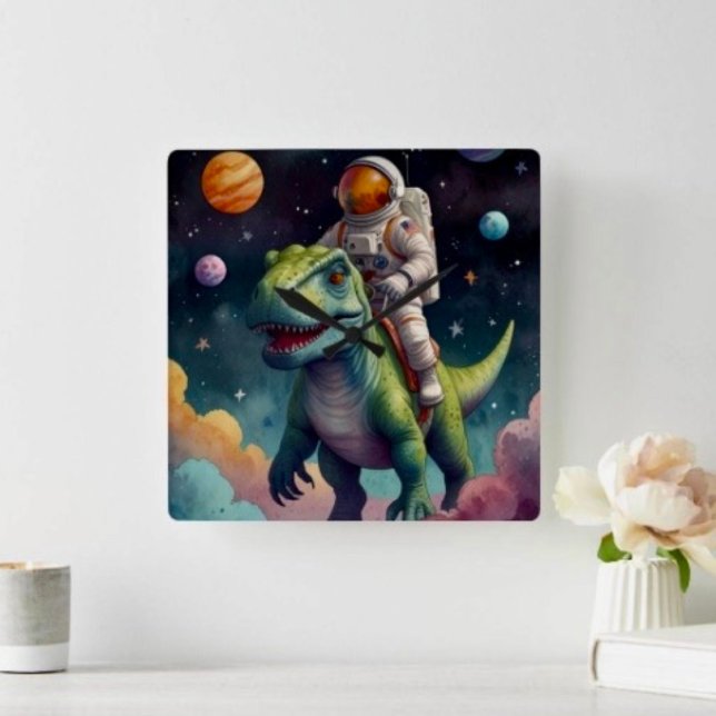 Horloge Carrée Astronaute sur Dino dans l'espace (Wall Clock backside hanging slot  non-ticking design. 2 sizes: 8" diameter or 10.75" diameter.
)