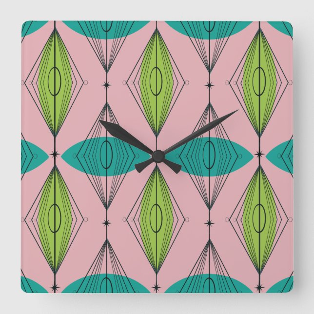 Horloge Carrée Atomic Pink Ogee et Starbursts Wall Clock (Recto)