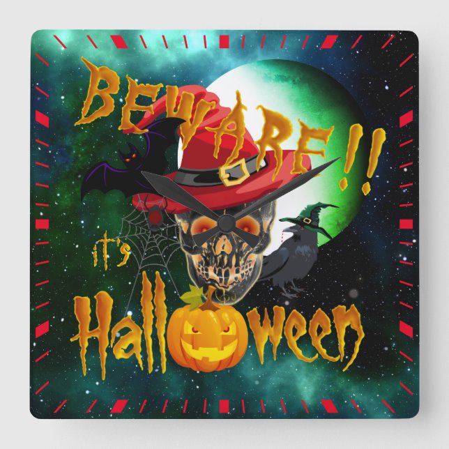 Horloge Carrée Attention c'est Halloween Crâne Déplaisant & Lune (Recto)