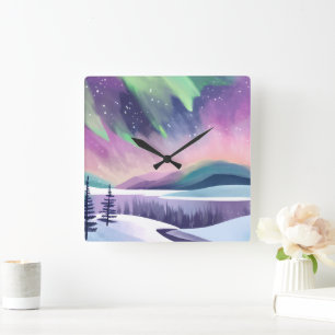 Horloge Carrée Aurores Boréales Nuit d'Hiver Colorée   Aquarelle