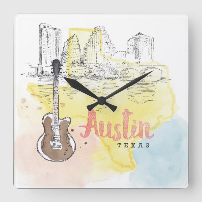 Horloge Carrée Austin, Texas | Esquisse d'aquarelle (Recto)