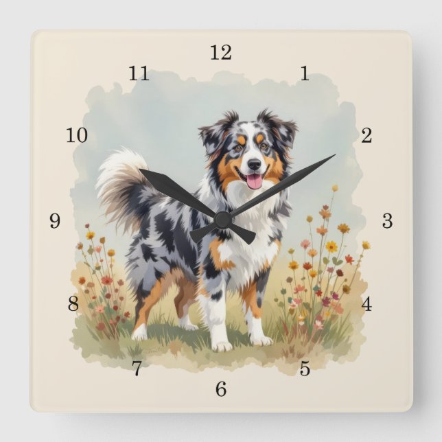 Horloge Carrée Australian Shepherd Dog Merle Long Tail (Recto)