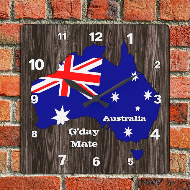 Horloge Carrée Australie Horloge, Gday Mate, bois, Drapeau austra (Créateur téléchargé)
