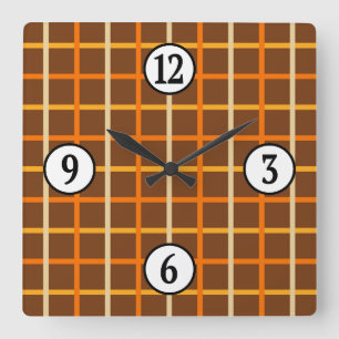 Horloge Carrée Automne Plaid Motif en Orange Vert et Brown