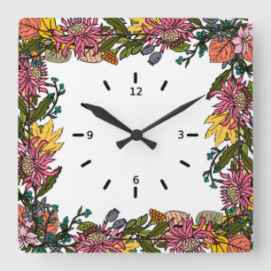 Horloge Carrée automne rose rouge et jaune fleurs et feuilles