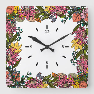 Horloge Carrée automne rose rouge et jaune fleurs et feuilles