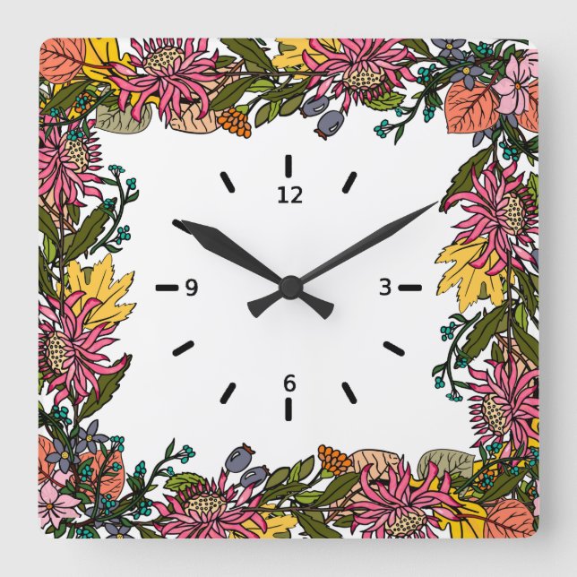 Horloge Carrée automne rose rouge et jaune fleurs et feuilles (Recto)