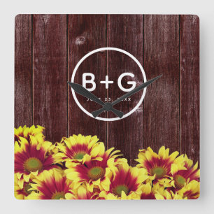 Horloge Carrée Autumn Sunflowers on Wooden Fence Wedding