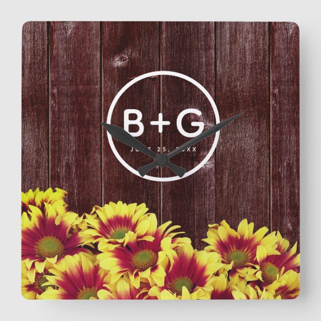 Horloge Carrée Autumn Sunflowers on Wooden Fence Wedding (Recto)