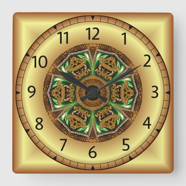 Horloge Carrée Avant - Garde, Vert et Or, Design KNF 1 ~ (Recto)