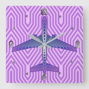 Horloge Carrée Avion Art déco, violet violet et gris argenté
