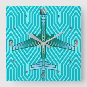 Horloge Carrée Avion, turquoise, Teal et Aqua d'art déco