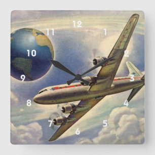 Horloge Carrée Avion vintage volant autour du monde dans les nuag
