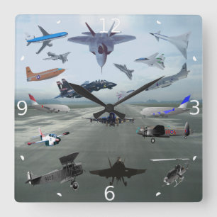 HORLOGE CARRÉE AVIONS SUR UN CIEL BLEU DE LA CAROLINE