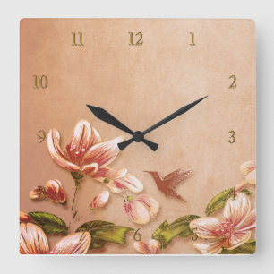 Horloge Carrée Azalées roses Vintage Floral sur Mariage Whiskey