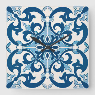 Horloge Carrée Azulejo Fleur de Lis Style Pattern