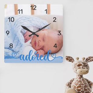 Horloge Carrée Baby Boy Photo Blue Adored Calligraphy Nursery