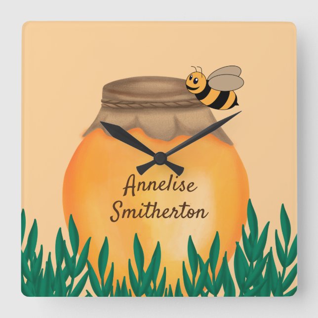 Horloge Carrée Baby Bumblebee et Honeypot Pépinière Jaune pour en (Recto)