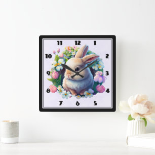 Horloge Carrée Baby Bunny parmi les fleurs colorées de printemps