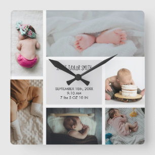 Horloge Carrée Baby Photo Collage Keepsake Name Birth Date