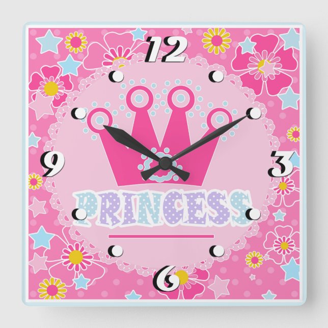 Horloge Carrée Baby shower princesse  rose carto fleuri couronne (Recto)