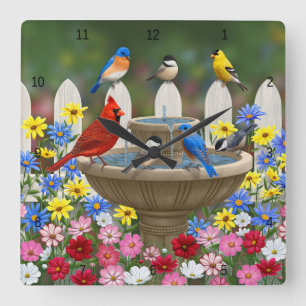Horloge Carrée Bain d'oiseaux coloré du jardin de printemps