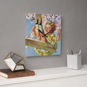 Horloge Carrée Balançoire Vintage, Fille Se Balançant dans un Arb