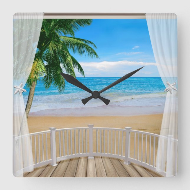 Horloge Carrée Balcon avec vue sur la plage et l'océan (Recto)