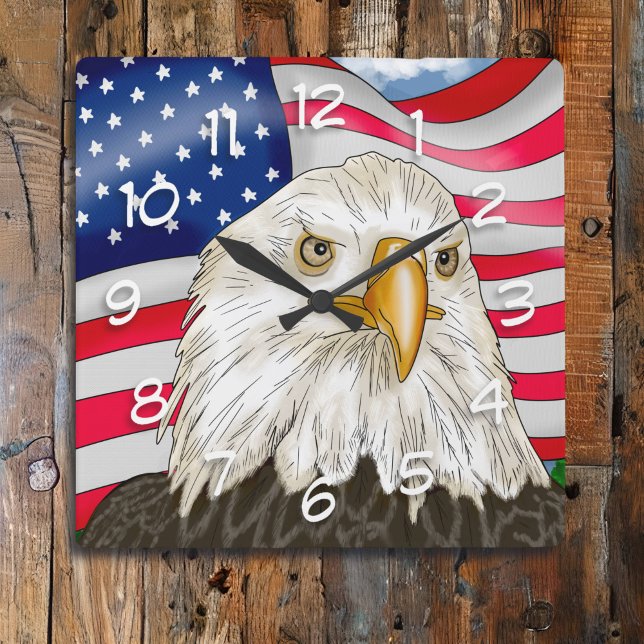 Horloge Carrée Bald Eagle devant le drapeau américain Art patriot (Créateur téléchargé)