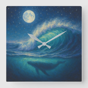 Horloge Carrée Baleine sous une vague au clair de lune - Style de