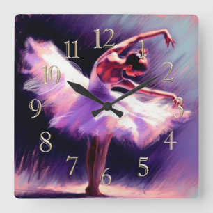 Horloge Carrée Ballerina Danseuse Possédant Un Dessin Pastel Viol