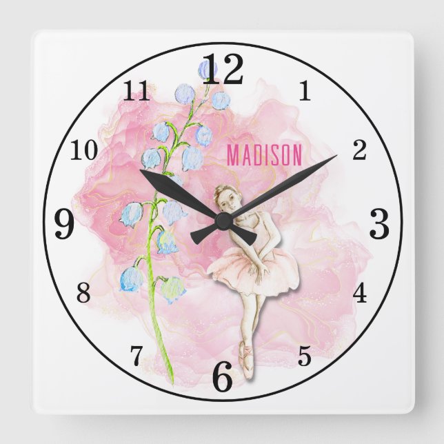Horloge Carrée Ballerina et Lily de la Vallée Florale sur rose (Recto)
