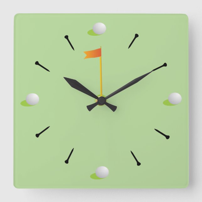 Horloge Carrée Balles de golf et drapeau sur vert (Recto)