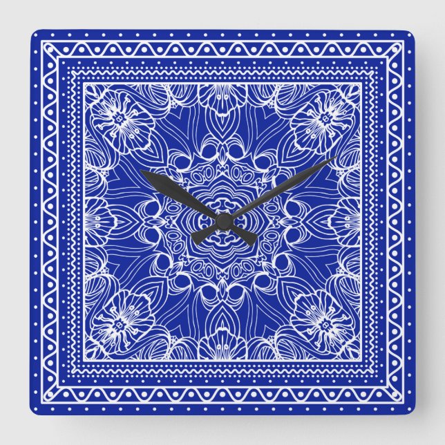 Horloge Carrée Bandanna bleu et blanc (Recto)