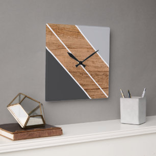 Horloge Carrée Bandes De Blocage Contemporaines Sur Faux Woodgrai
