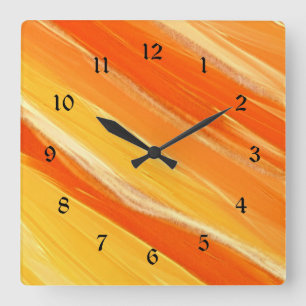 Horloge Carrée Bandes diagonales orange et jaune abstraites