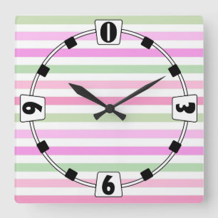Horloge Carrée Bandes, rose, vert