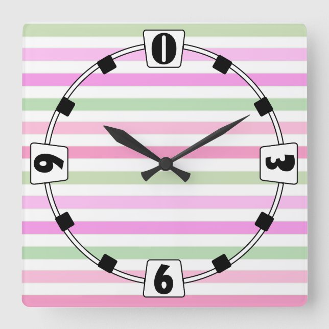 Horloge Carrée Bandes, rose, vert (Recto)