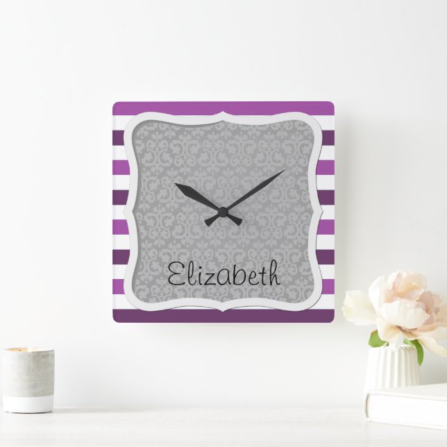 Horloge Carrée Bandes Violettes, Motif Gratté, Lignes, Votre Nom (Maison)