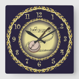 Horloge Carrée Banjo ~ Scroll musical ~ Gold/Navy Blue ~
