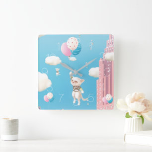 Horloge Carrée Bao Bao : Les petits chats s'envolent, Fantaisie d