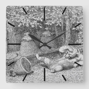 Horloge Carrée Barbe - Ours piqué par les abeilles