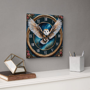 Horloge Carrée Barn Owl et Rose Imaginaire Art