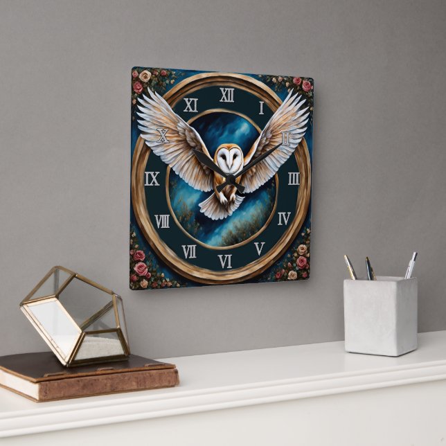 Horloge Carrée Barn Owl et Rose Imaginaire Art (Bureau)