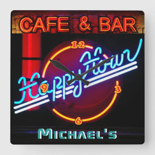 Horloge Carrée BARRE NEON CLAIR CAFE SIGNE PERSONNALISÉ ManCave