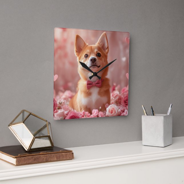 Horloge Carrée Basenji avec des roses - Saint-Valentin (Bureau)