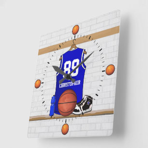 Horloge Carrée Basket-ball bleu et blanc personnalisé Jersey