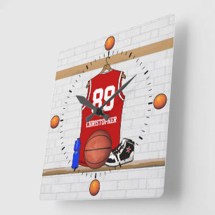 Horloge Carrée Basket-ball rouge et blanc personnalisé Jersey