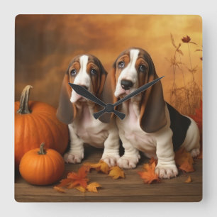 Horloge Carrée Basset Hound Chiot Automne Citrouille de plaisir